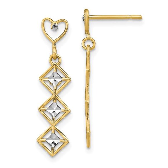 Kazi Luxury 14k Yellow Gold w/RH D/C Heart & Diamond Shape Post Dangle Earrings